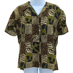 VTG Anna and Frank Top Womens Large Silk Animal Print Patchwork Safari Festival